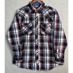 Cowboy Up Long Sleeve Pearl Snap Cowboy Cut Shirt Western Plaid Black Blue L EUC